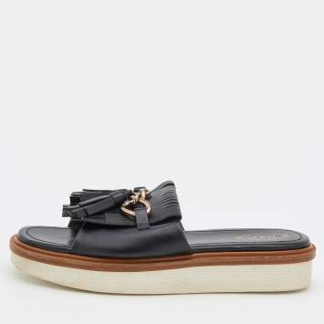 Pre Owned Tod's Black Leather Tassel Fringe Detail Platform Slide Sandals Size 39