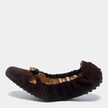 Pre Owned Tod's Brown Suede Scrunch Bow Ballet Flats Size 37.5
