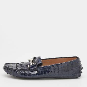 Pre Owned Tod's Oxford Blue Croc Embossed Patent Leather Double T Slip On Loafers Size 38