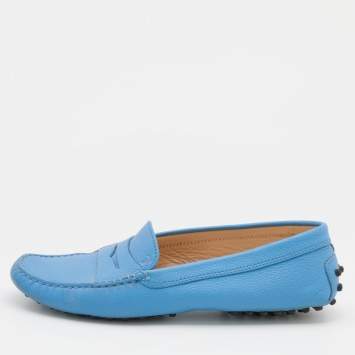 Pre Owned Tod's Blue Leather Gommino Slip On Loafers Size 37.5