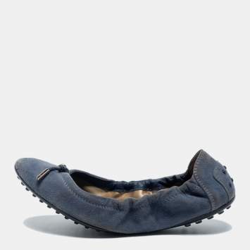 Pre Owned Tod's Blue Suede Bow Scrunch Ballet Flats Size 39