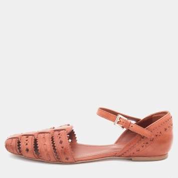 Pre Owned Tod's Brown Cutout Leather Ankle Strap Flats Size 37.5