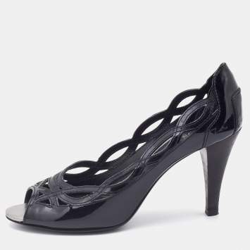 Pre Owned Tod's Black Patent Leather Cut-Out Peep Toe Pumps Size 38.5