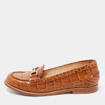 Pre Owned Tod's Brown Croc Embossed Leather Buckle Loafers Size 36
