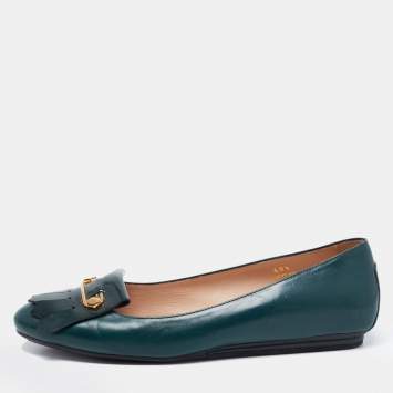Pre Owned Tod's Dark Green Leather Fringe Ballet Flats Size 40.5