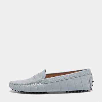 Pre Owned Tod's Light Blue Croc Embossed Leather Penny Loafers Size 40.5