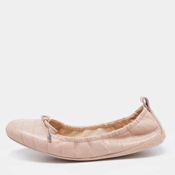 Pre Owned Tod's Pink Croc Embossed Leather Bow Srunch Ballet Flats Size 37