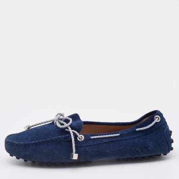 Pre Owned Tod's Navy Blue Suede Bow Slip On Loafers Size 37.5