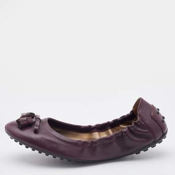 Pre Owned Tod's Plum Leather Bow Scrunch Ballet Flats Size 36