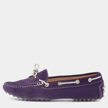 Pre Owned Tod's Purple/Silver Suede and Leather Bow Slip On Loafers Size 37