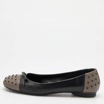 Pre Owned Tod's Black/Grey Leather Bow Ballet Flats Size 37.5