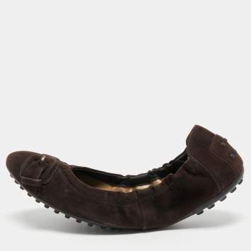 Pre Owned Tod's Dark Brown Suede Scrunch Ballet Flats Size 38.5
