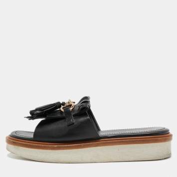 Pre Owned Tod's Black Leather Tassel Fringe Detail Platform Slide Sandals Size 38