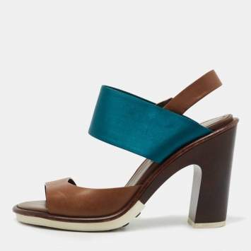 Pre Owned Tod's Blue/Brown Leather and Satin Block Heel Slingback Sandals Size 38 