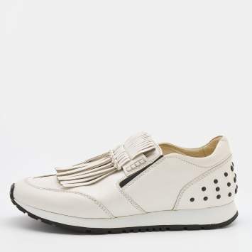 Pre Owned Tod's White Leather Fringe Slip On Sneakers Size 39 