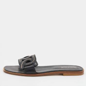 Pre Owned Tod's Black Leather Flat Slides Size 38