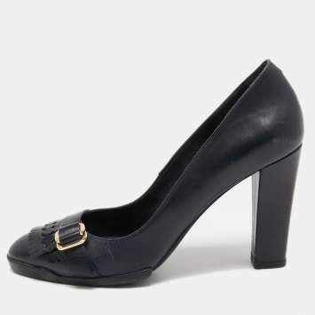 Pre Owned Tod's Navy Blue Leather Fringe Pumps Size 37