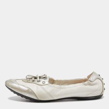 Pre Owned Tod's White/Silver Leather Gomma Lace Up Ballet Flats Size 40.5