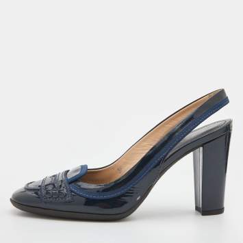 Pre Owned Tod's Navy Blue Patent Leather Loafers Slingback Pumps Size 36