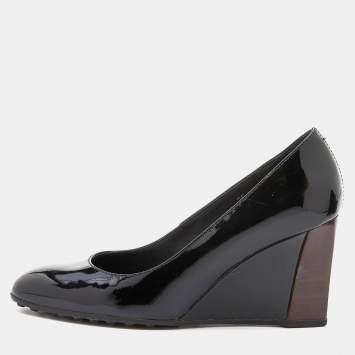 Pre Owned Tod's Black Patent Leather Round Toe Wedge Pumps Size 36