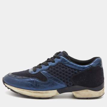 Pre Owned Tod's Navy Blue/Black Leather and Mesh Low Top Sneakers Size 37.5
