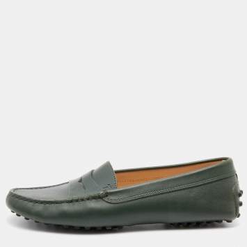 Pre Owned Tod's Dark Green Leather Gommino Slip On Loafers Size 36.5