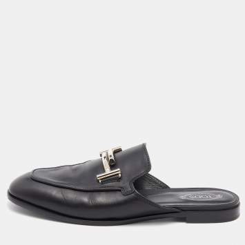 Pre Owned Tod's Black Leather Double T Flat Mules Size 38