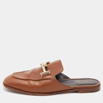 Pre Owned Tod's Brown Leather Double T Flat Mules Size 38