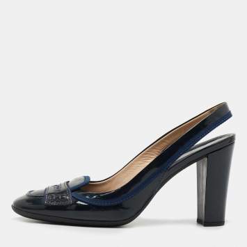 Pre Owned Tod's Navy Blue Patent Leather Penny Loafer Slingback Pumps Size 41