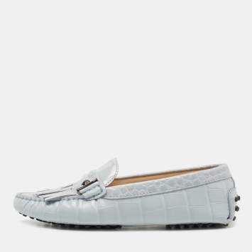 Pre Owned Tod's Light Grey Croc Embossed Leather Fringe Loafers Size 36