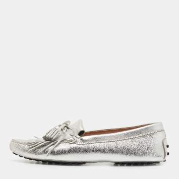 Pre Owned Tod's Metallic Silver Leather Fringe Tassel Details Slip On Loafers Size 39