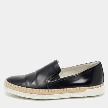 Pre Owned Tod's Black Leather Espadrille Slip On Loafers Size 37.5