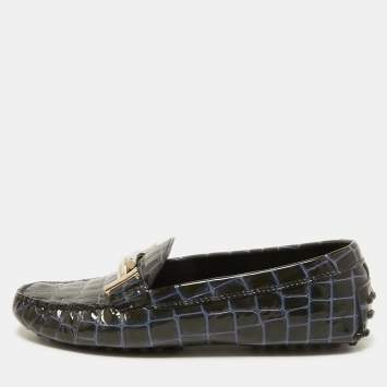 Pre Owned Tod's Green Croc Embossed Patent Leather Slip On Loafers Size 35.5
