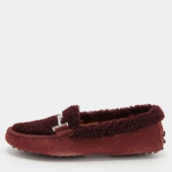 Pre Owned Tod's Burgundy Shealing Fur and Suede Double T Slip On Loafers Size 39