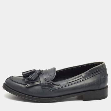 Pre Owned Tod's Dark Grey Leather Tassel Bow Fringe Detail Loafers Size 37.5 