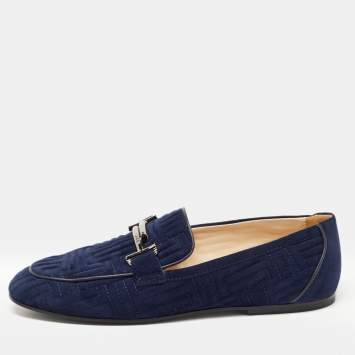 مملوكة مسبقًا Tod's Navy Blue Quilted Suede Double T Slip On Loafers Size 38.5