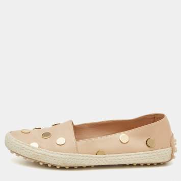 Pre Owned Tod's Beige Leather Studded Espadrille Ballet Flats Size 37.5