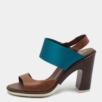Pre Owned Tod's Blue/Brown Leather and Satin Block Heel Slingback Sandals Size 39