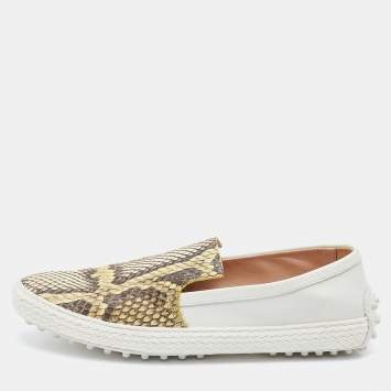 Pre Owned Tod's White/Yellow Python and Leather Espadrille Loafers Size 37