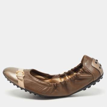 Pre Owned Tod's Brown/Metallic Leather Cap Toe Buckle Detail Scrunch Ballet Flats Size 38.5
