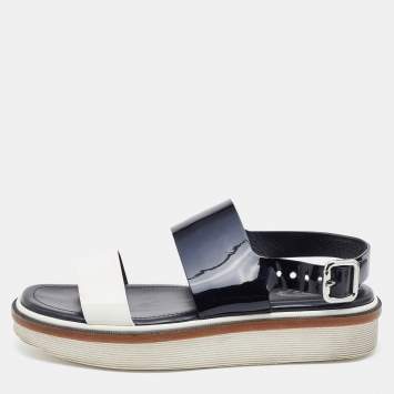 Pre Owned Tod's Black/White Patent Leather Slingback Flat Sandals Size 37.5