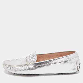 Pre Owned Tod's Silver Metallic Leather Penny Loafers Size 39