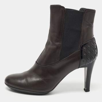 Pre Owned Tod's Dark Brown Leather Ankle Booties Size 37.5