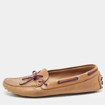 Pre Owned Tod's Brown Leather Bow Slip On Loafers Size 39.5