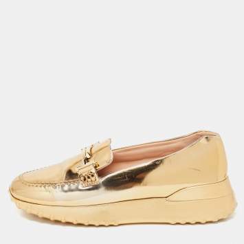 Pre Owned Tod's Gold Leather  Double T Buckle Loafers Size 39.5