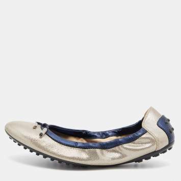 Pre Owned Tod's Silver/Blue Textured Nubuck Leather Scrunch Ballet Flats Size 38