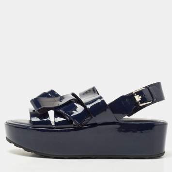 Pre Owned Tod's Dark Blue Patent Leather Bow Wedge Platform Slingback Sandals Size 40