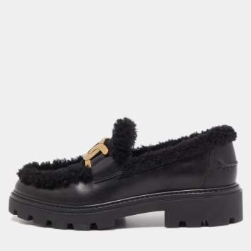 Pre Owned Tod's Black Leather and Shearling Fur Kate Platform Loafers Size 41