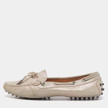 Pre Owned Tod's Metallic Beige Suede Gommino Slip On Loafers Size 38