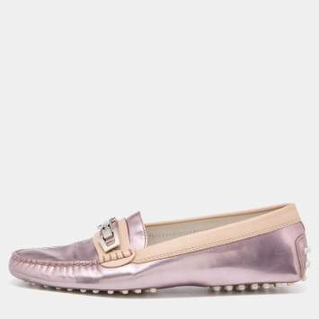 Pre Owned Tod's Metallic Purple/Beige Patent and Leather Buckle Loafers Size 39